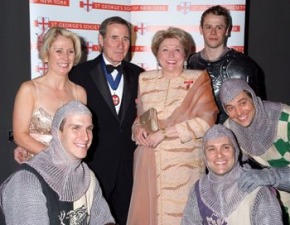 Barbara Taylor Bradford and Jim Dale share a laugh with the knights from the Broadway cast of Monty Python's Spamalot
